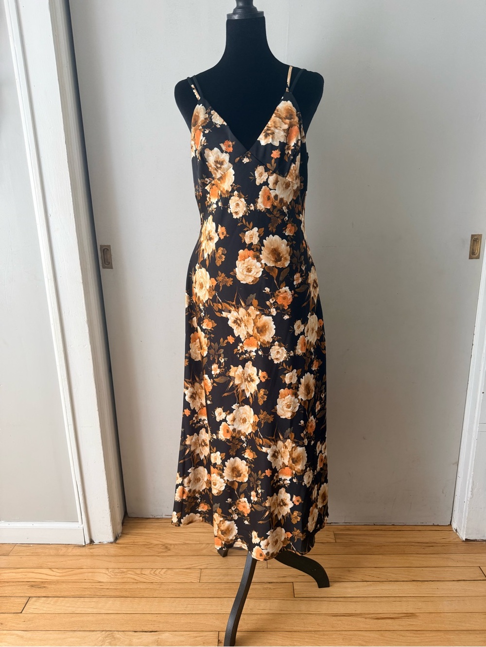 Blu Pepper Floral Satin Midi Skirt - Black with Brown & Cream Blooms - Picture 2 of 6